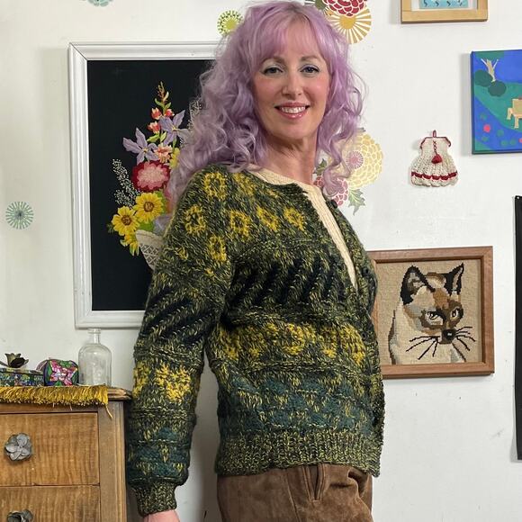 Vintage Green & Gold Grandpa Cardigan, 1970s Hand Knit Button Front Sweater Sz L - Picture 2 of 11